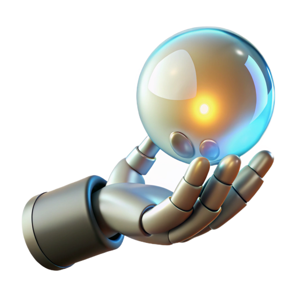 nostalgic wonderful Robotic hand holding a glowing orb NO BACKGROUND with Transparent Background. fine detail png