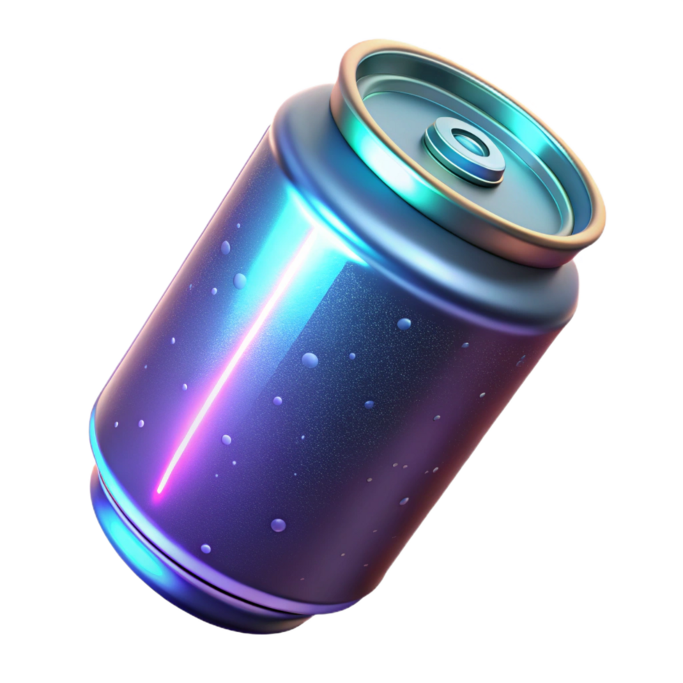 immaculate rare Futuristic energy drink can with glowing liquid NO BACKGROUND with Transparent Background. png