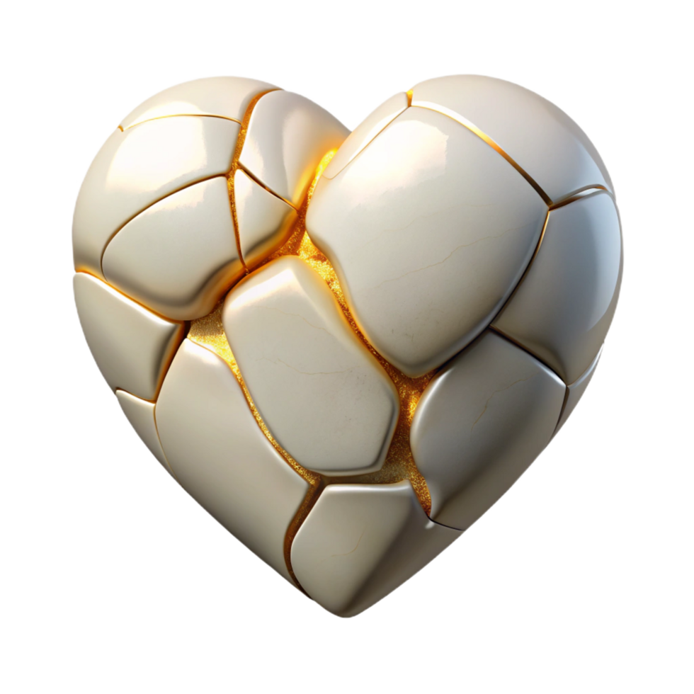 fascinating artistic A cracked porcelain heart mended with gold. NO BACKGROUND with Transparent Background. crisp png