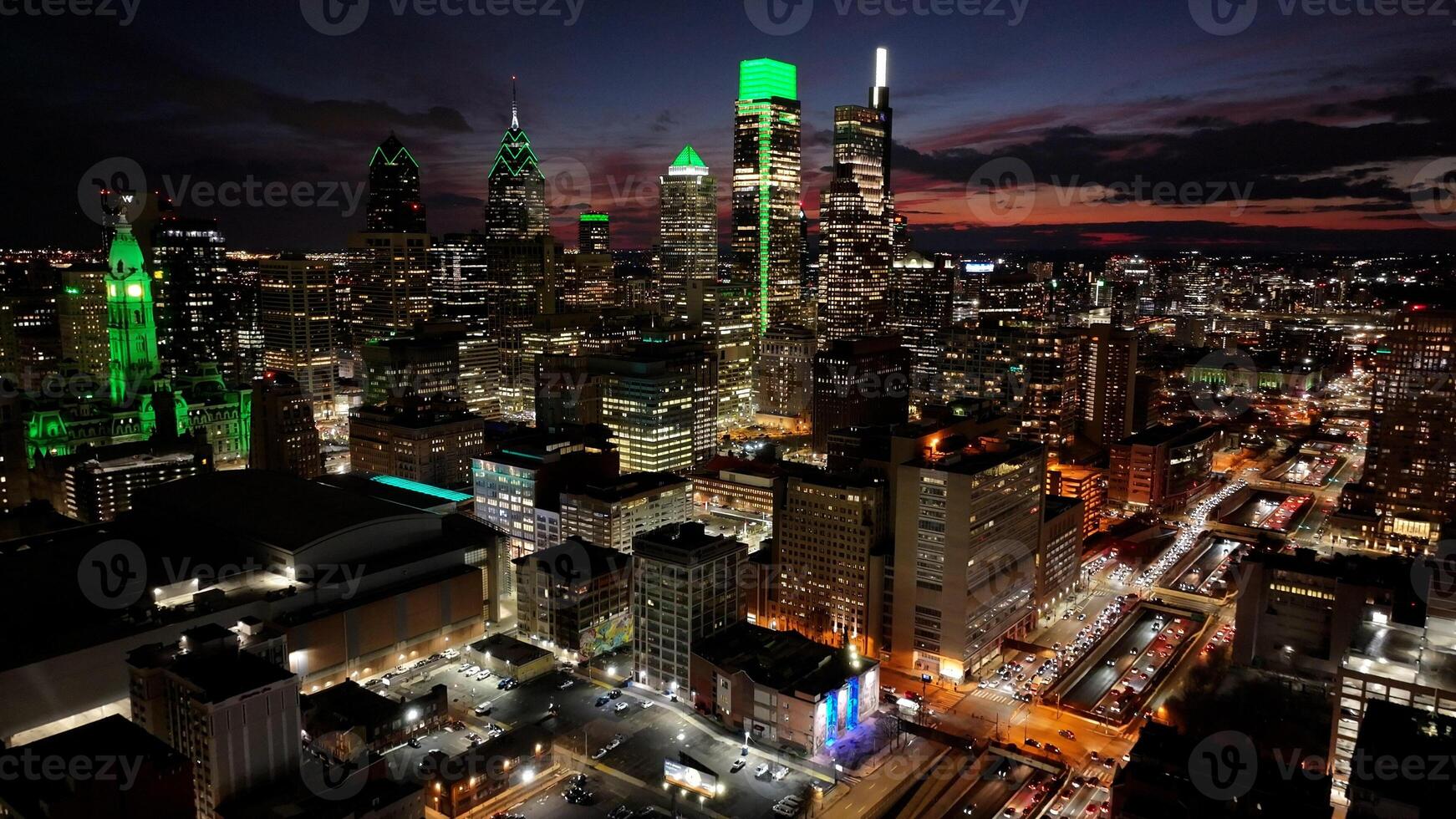 Incredible Philadelphia Skyline at Philadelphia in Pennsylvania United States.. Evening Independence Hall. photo