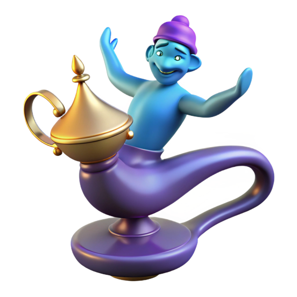 reflective beautiful A powerful djinn, emerging from a lamp, NO BACKGROUND with Transparent Background. 4K png