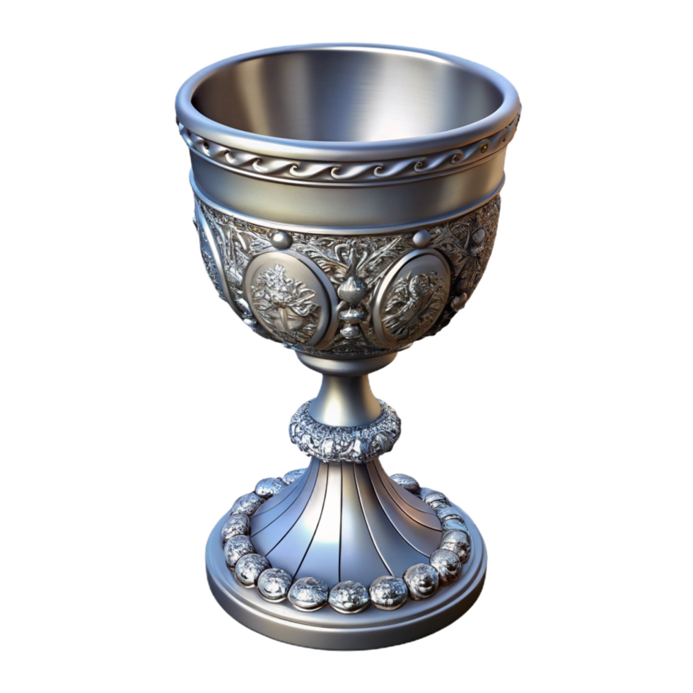 notable contemporary A single, ornate silver chalice, intricate carvings, NO BACKGROUND with Transparent Background. professional png