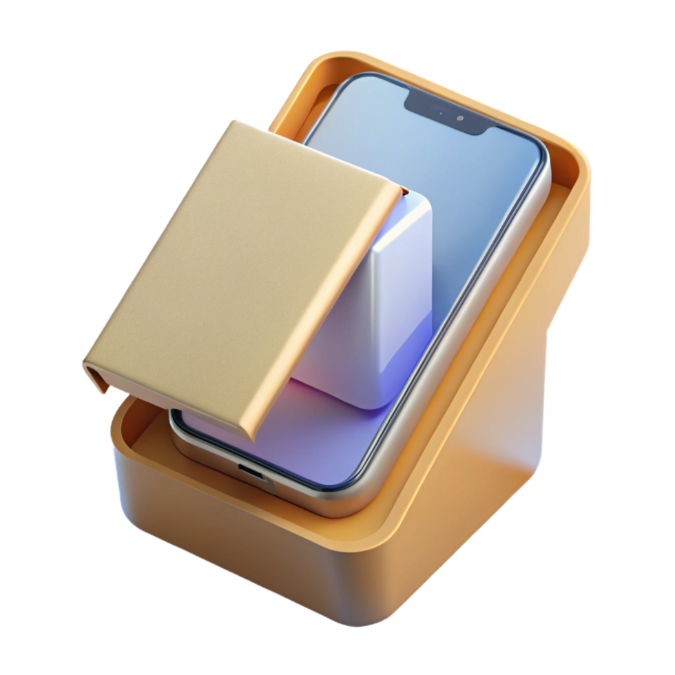 passionate spectacular A brand new, unwrapped smartphone in its box. NO BACKGROUND with Transparent Background. high resolution png