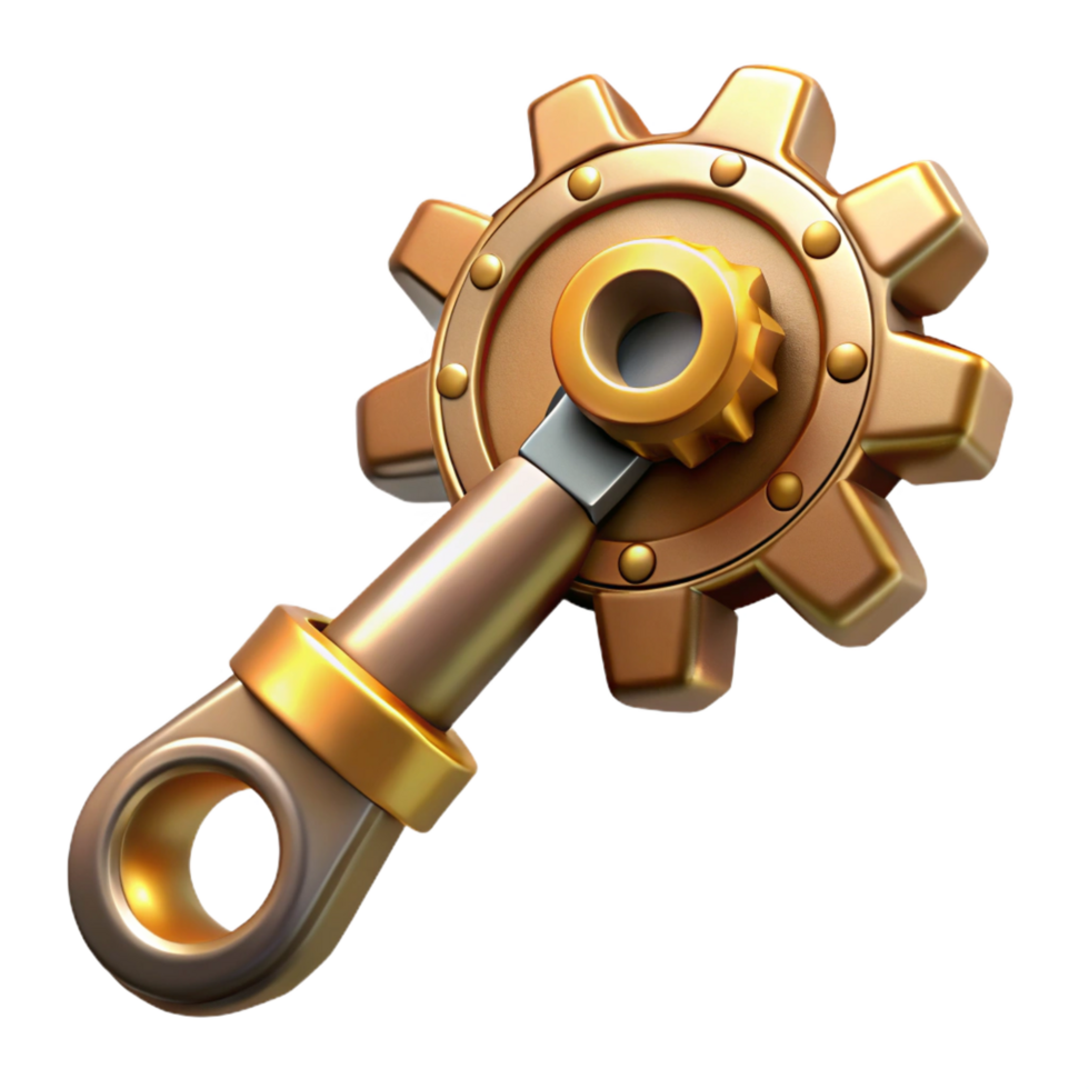 pristine surreal Steampunk wrench with adjustable gears and a brass finish. NO BACKGROUND with Transparent Background. studio quality png