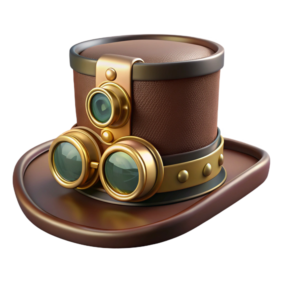 stunning exceptional Steampunk top hat with brass goggles and intricate clockwork details. NO BACKGROUND with Transparent Background. png