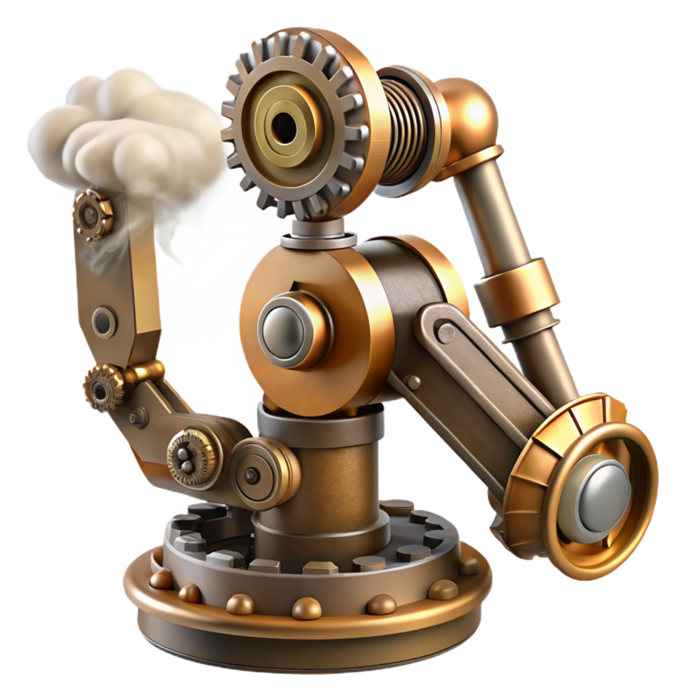 intense stunning Steampunk robotic arm with exposed gears and steam vents. NO BACKGROUND with Transparent Background. fine detail png