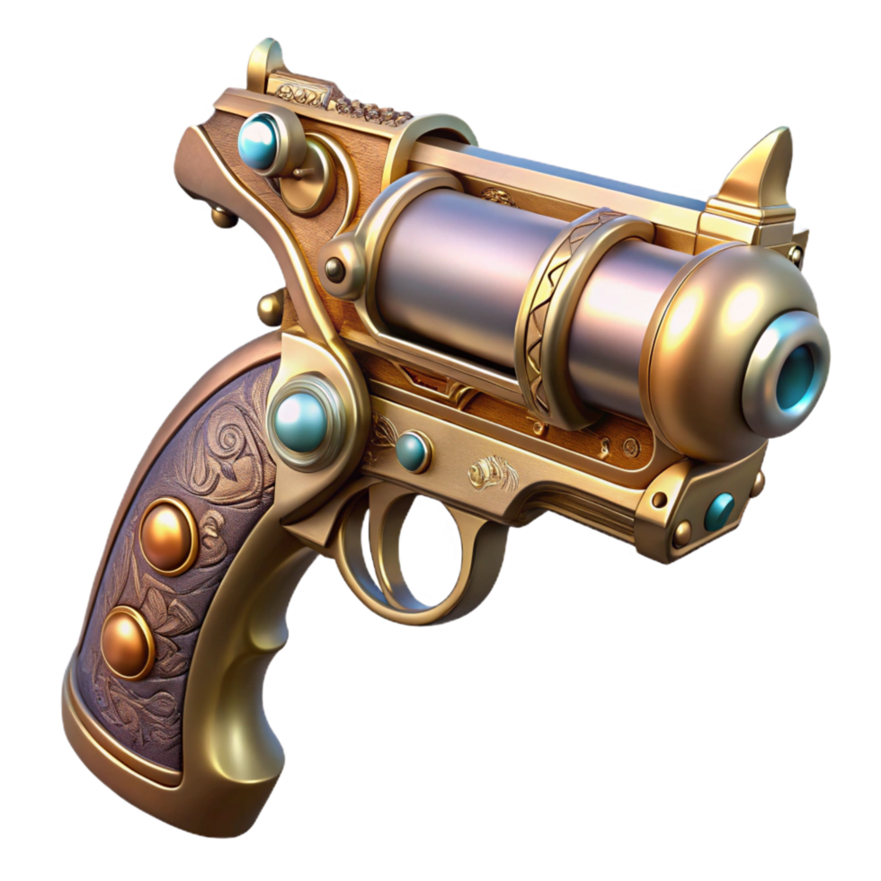 remarkable coastal Steampunk pistol with ornate engravings and a pearl handle. NO BACKGROUND with Transparent Background. fine detail png