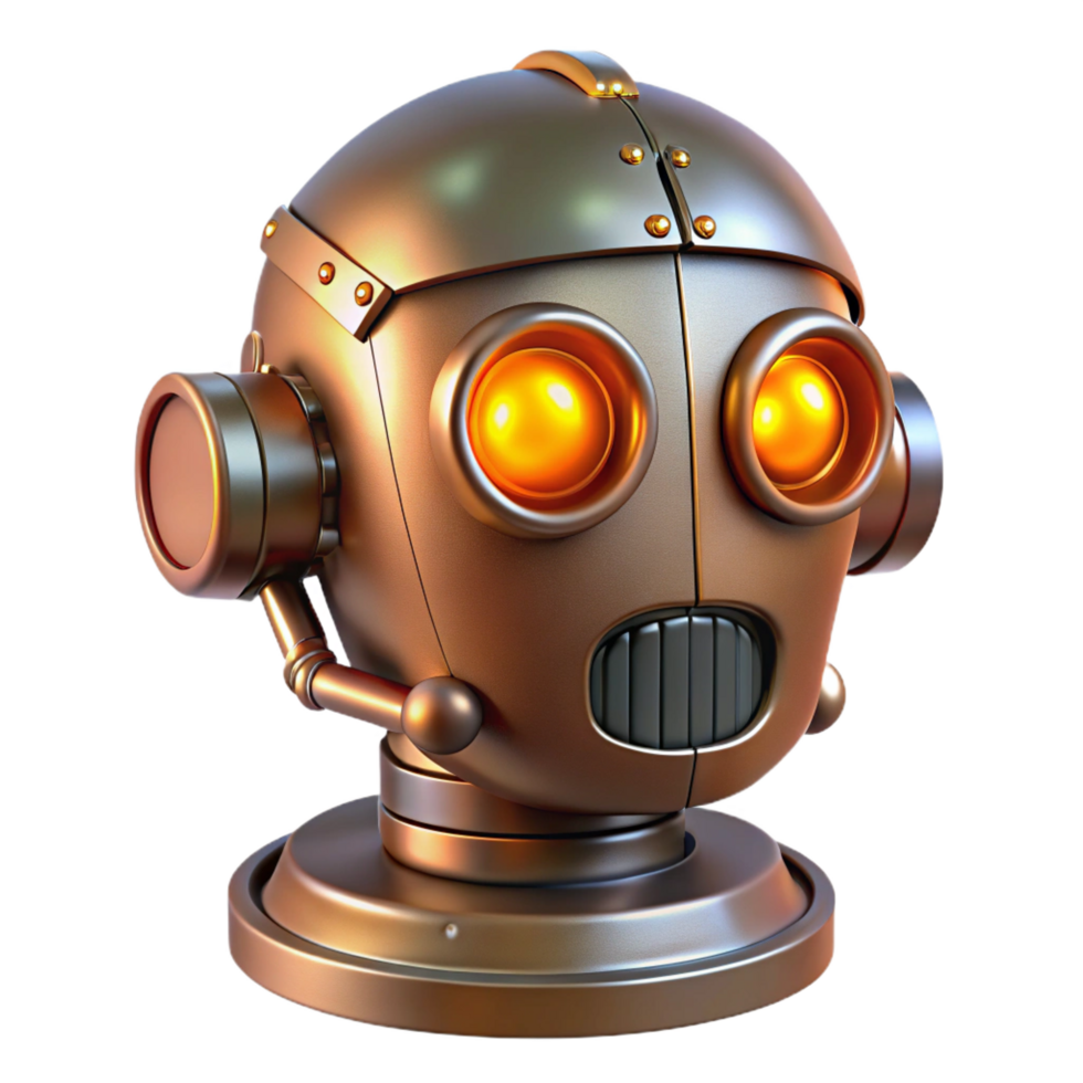 inigualável urbano steampunk robô cabeça com brilhando olhos e exposto circuitos. não fundo com transparente fundo. luxo png