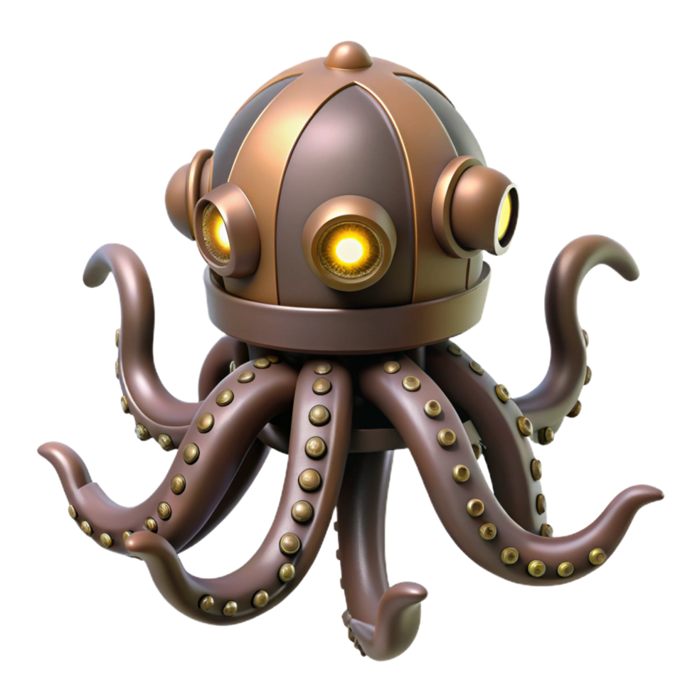 unforgettable urban Steampunk octopus automaton with moving tentacles and glowing eyes. NO BACKGROUND with Transparent Background. sharp png