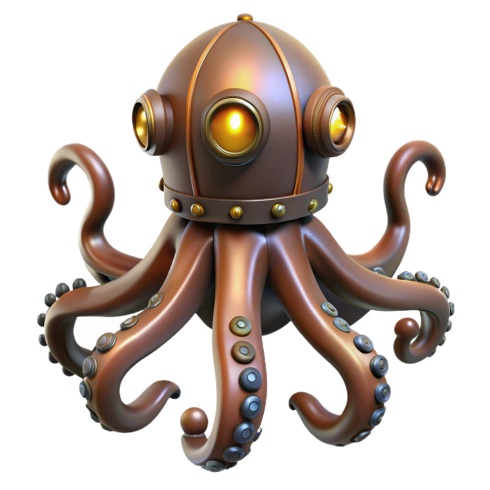 passionate hypnotic Steampunk octopus automaton with moving tentacles and glowing eyes. NO BACKGROUND with Transparent Background. expertly shot png