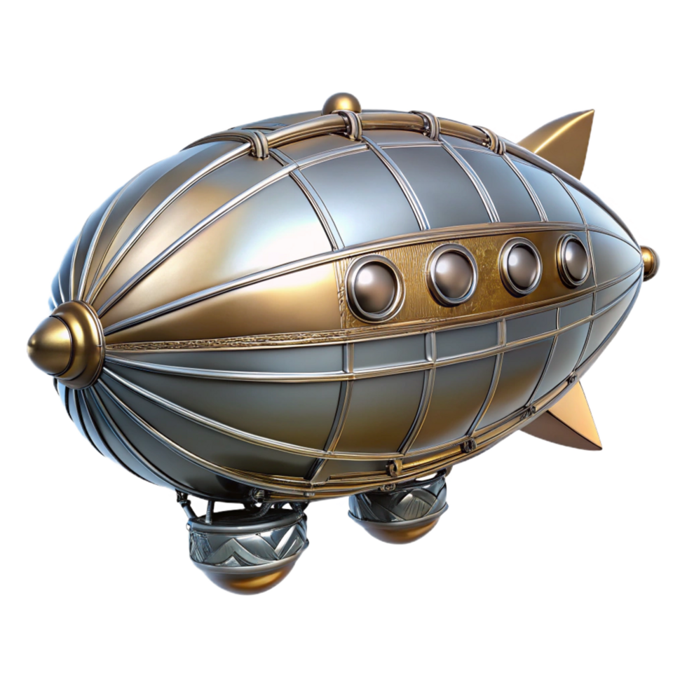 pristine vintage Steampunk zeppelin miniature with intricate details and a silver finish. NO BACKGROUND with Transparent Background. crisp png