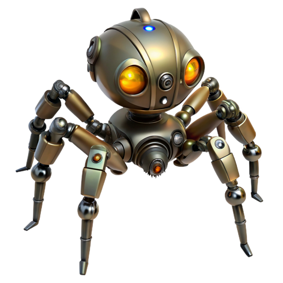 intense alluring Steampunk robotic spider with articulated legs and glowing eyes. NO BACKGROUND with Transparent Background. 8K png