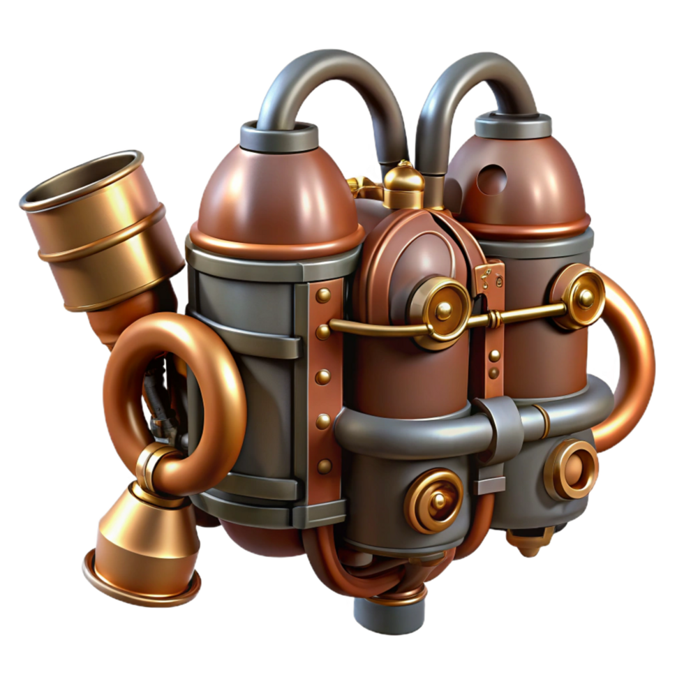 romantic enchanting Steampunk jetpack with miniature steam engines and copper pipes. NO BACKGROUND with Transparent Background. gallery standard png
