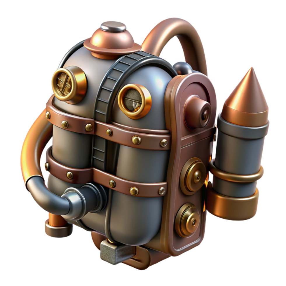 inspired surreal Steampunk jetpack with miniature steam engines and copper pipes. NO BACKGROUND with Transparent Background. expertly shot png