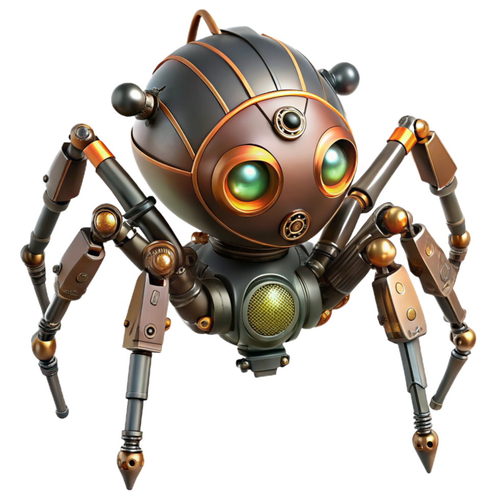 radiant calm retro Steampunk robotic spider with articulated legs and glowing eyes. NO BACKGROUND with Transparent Background. high quality png