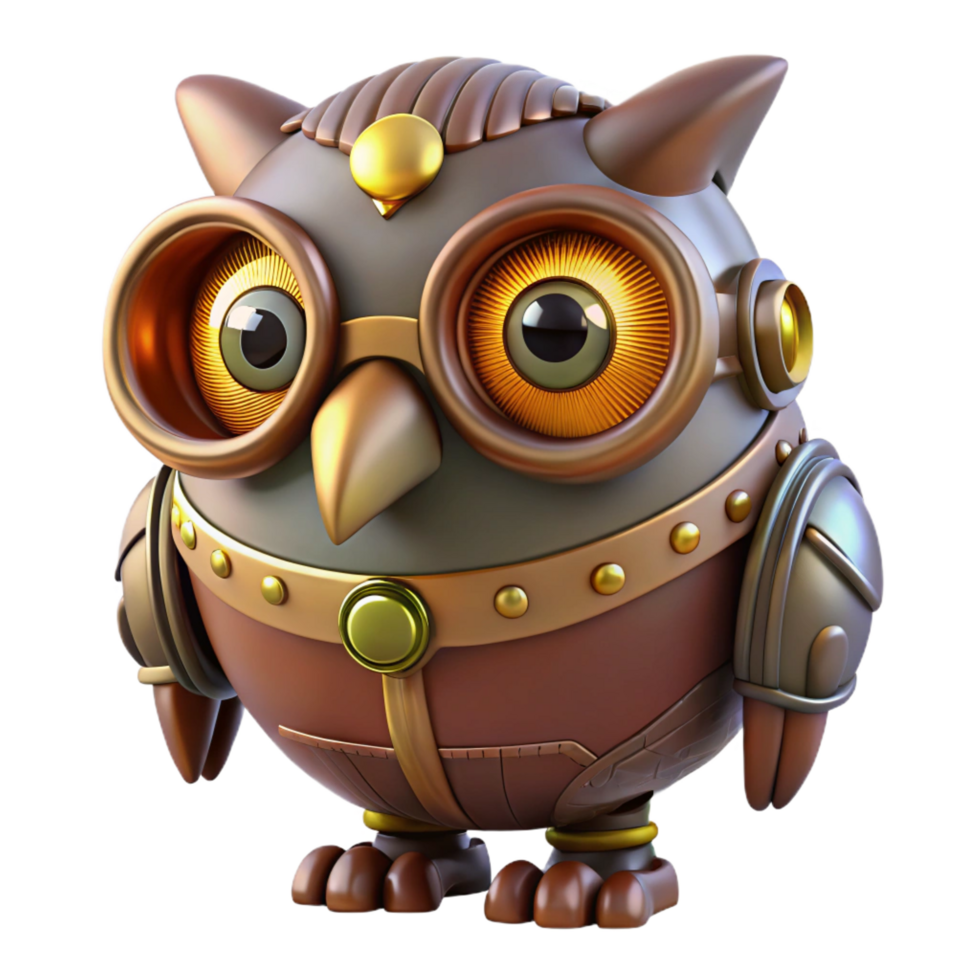 sought-after creative Steampunk mechanical owl with glowing eyes and rotating head. NO BACKGROUND with Transparent Background. high resolution png