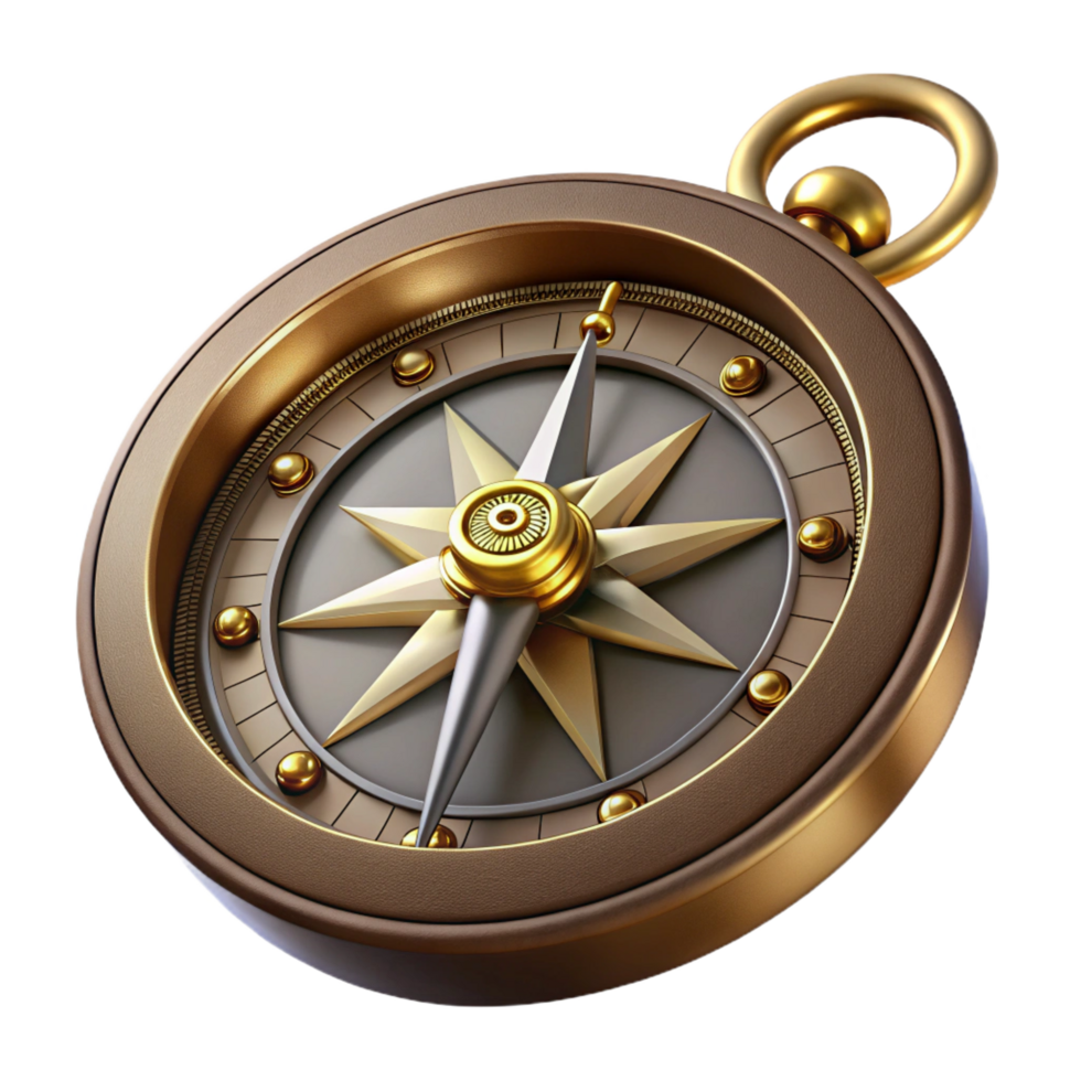 sought-after bohemian Steampunk compass with intricate engravings and a rotating needle. NO BACKGROUND with Transparent Background. flawless png