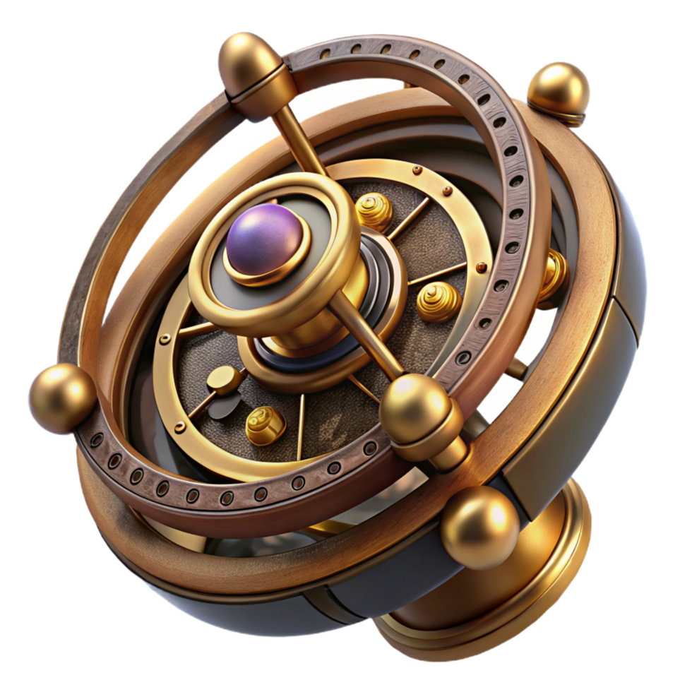 splendid victorian Steampunk astrolabe with intricate markings and rotating discs. NO BACKGROUND with Transparent Background. expertly shot png