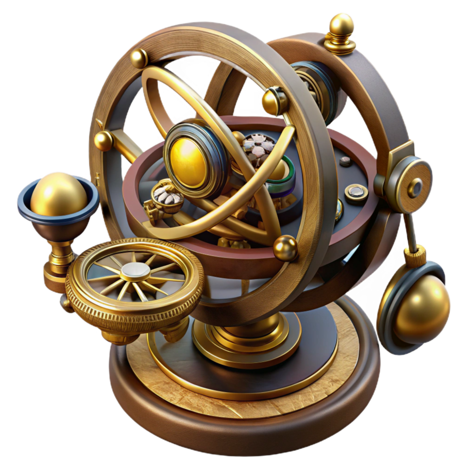 rare minimalist Steampunk astrolabe with intricate markings and rotating discs. NO BACKGROUND with Transparent Background. fine detail png