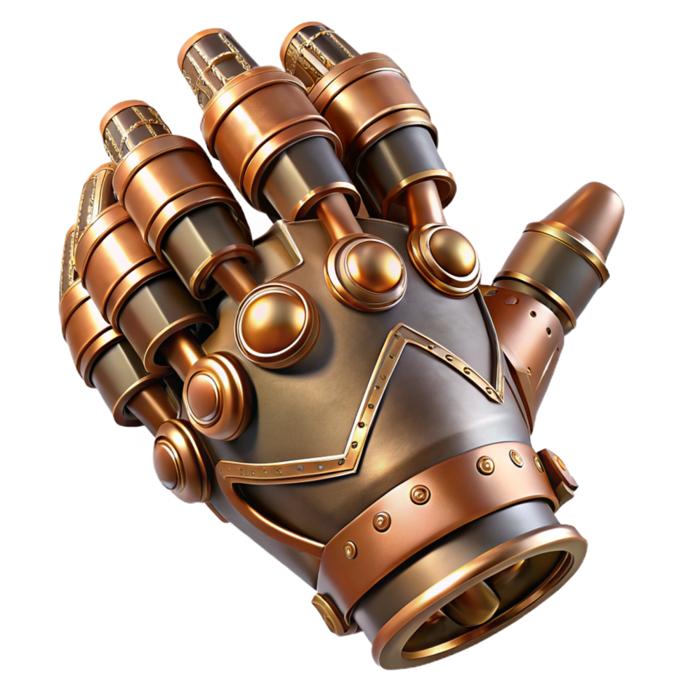 nostalgic wonderful Steampunk gauntlet with articulated fingers and copper plating. NO BACKGROUND with Transparent Background. fine detail png