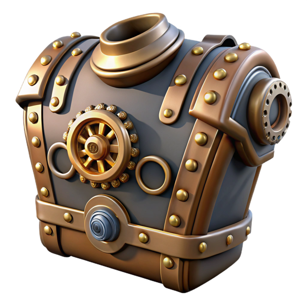 pristine signature Steampunk chest plate with gears, pipes, and metal plating. NO BACKGROUND with Transparent Background. png