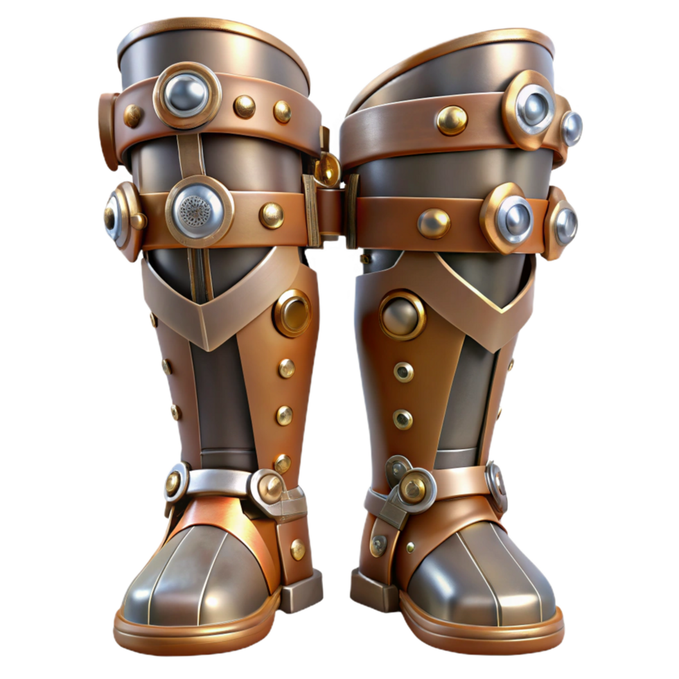 memorable artistic Steampunk leg armor with articulated joints and metal plating. NO BACKGROUND with Transparent Background. perfect clarity png