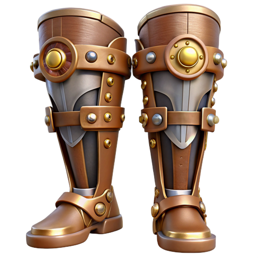 vibrant exemplary Steampunk leg armor with articulated joints and metal plating. NO BACKGROUND with Transparent Background. png