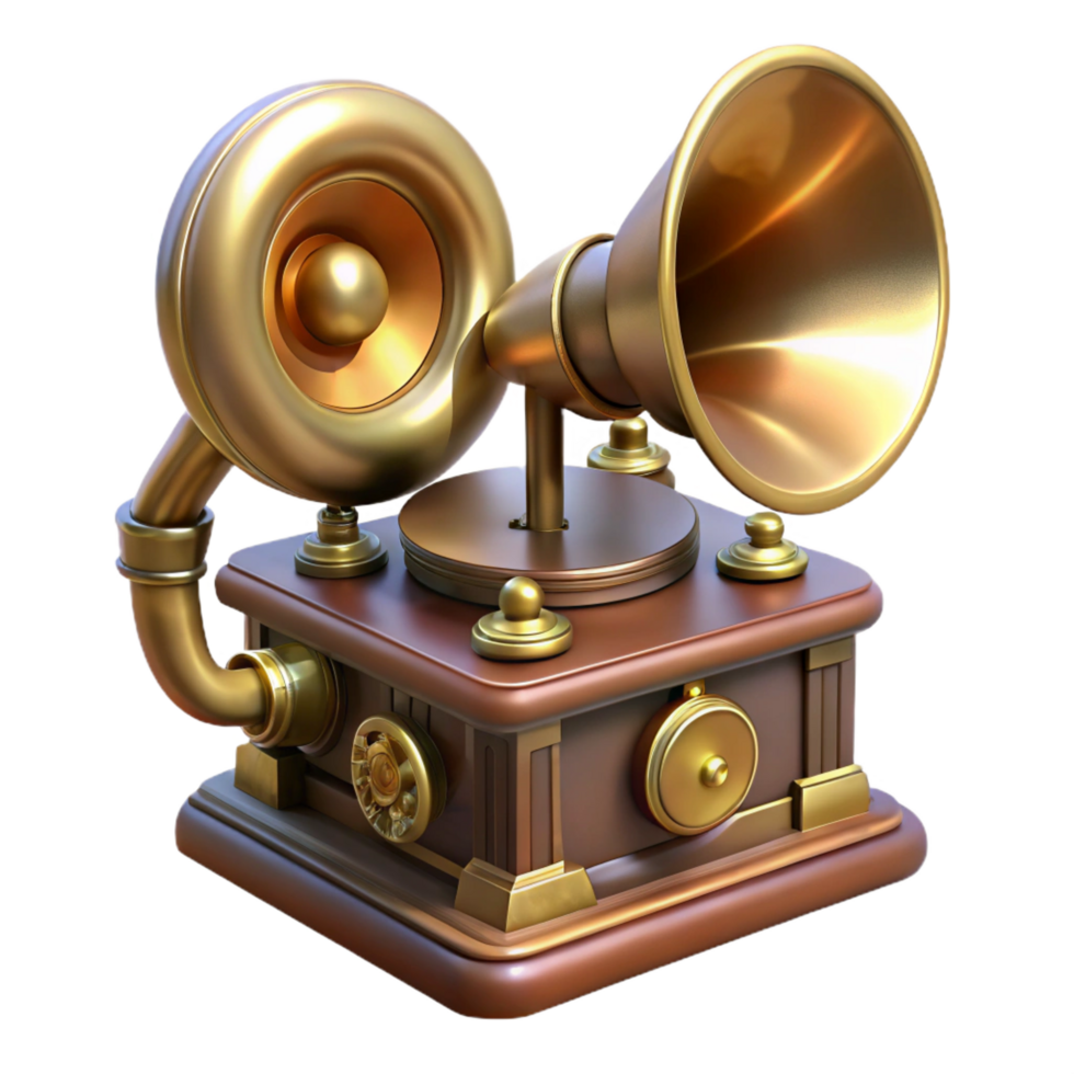 mesmerizing energetic abstract Steampunk phonograph with a brass horn and a hand crank. NO BACKGROUND with Transparent Background. studio quality png