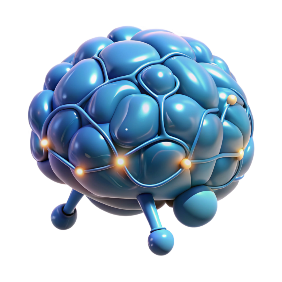 striking joyful vintage Artificial intelligence brain, glowing connections NO BACKGROUND with Transparent Background. masterfully captured png