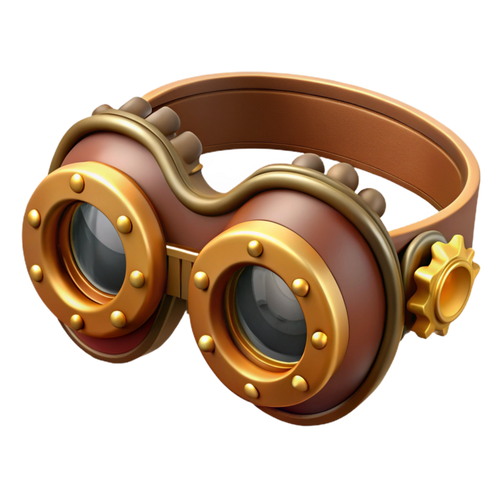 majestic unforgettable Steampunk goggles with intricate brass gears and leather straps. NO BACKGROUND with Transparent Background. png