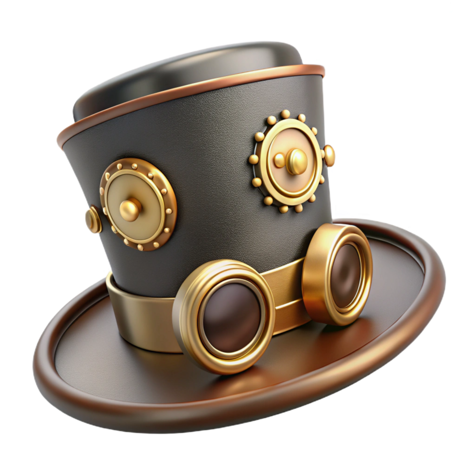 vibrant acclaimed Steampunk top hat with brass goggles and ornate cogwheel embellishments. NO BACKGROUND with Transparent Background. png