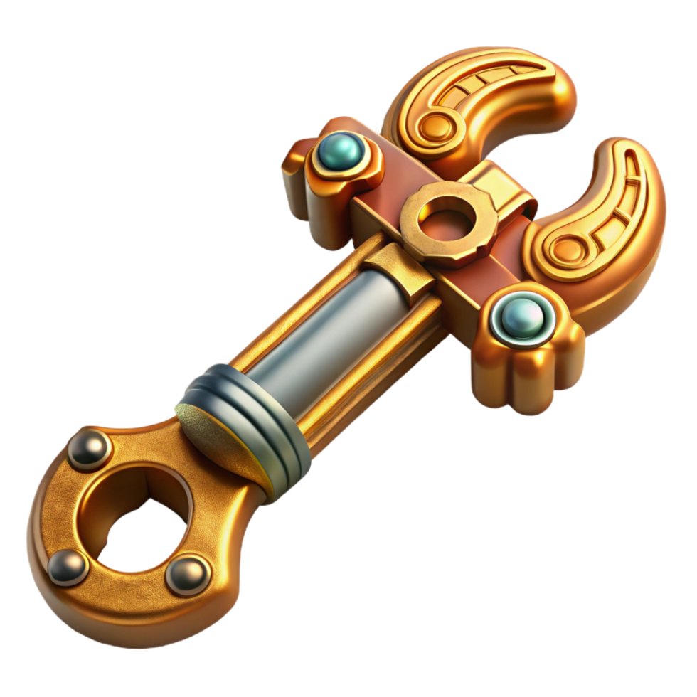 fascinating intense surreal Steampunk wrench with ornate carvings and brass fittings. NO BACKGROUND with Transparent Background. professional png