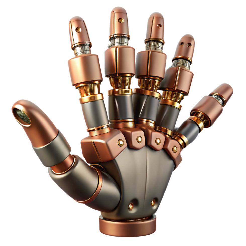 picturesque mysterious nordic Steampunk robot hand with articulated fingers and copper wiring. NO BACKGROUND with Transparent Background. artisan png