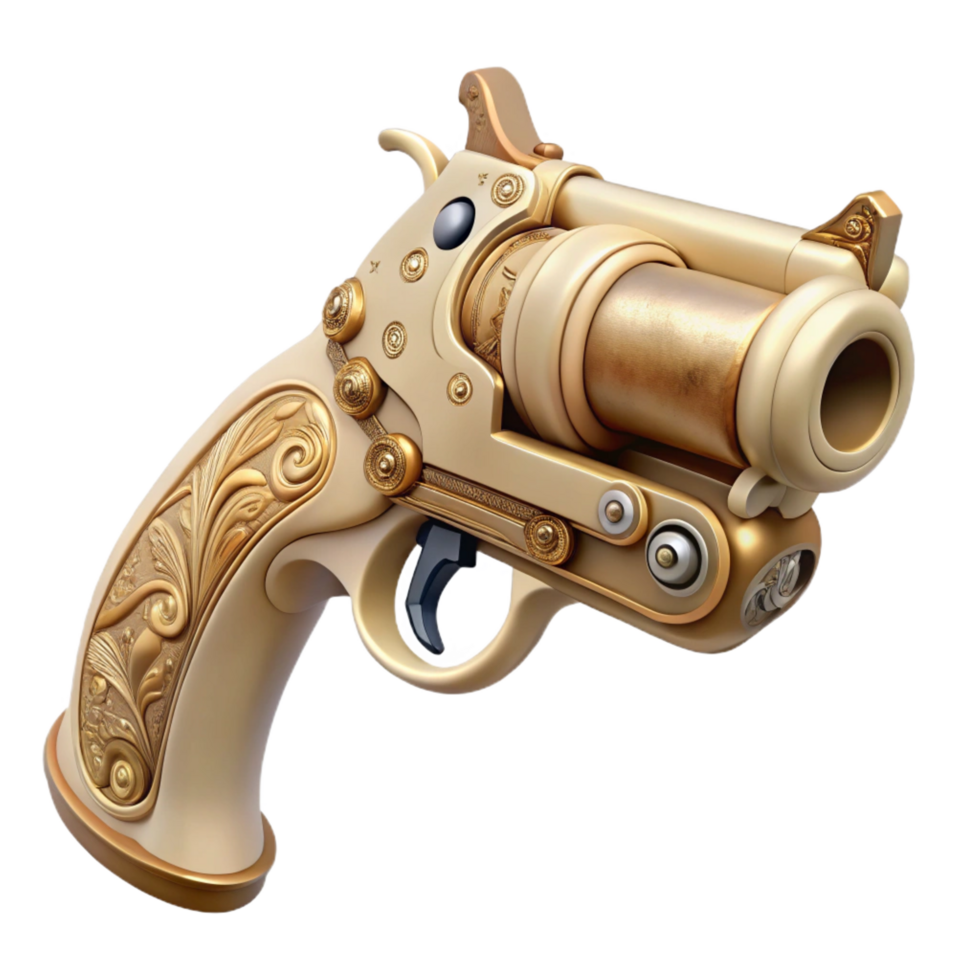 pristine tropical Steampunk pistol with an ivory grip and ornate engravings. NO BACKGROUND with Transparent Background. perfect clarity png