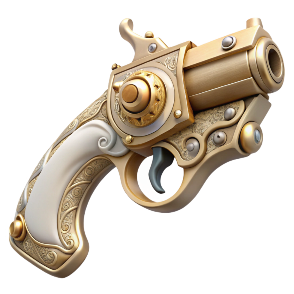 immaculate rare Steampunk pistol with an ivory grip and ornate engravings. NO BACKGROUND with Transparent Background. png