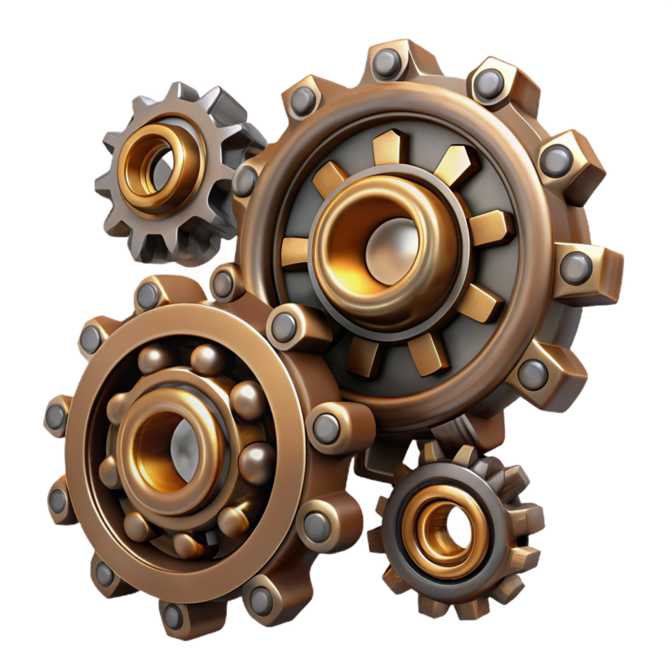 quintessential nordic Steampunk gear set with various sizes and intricate tooth patterns. NO BACKGROUND with Transparent Background. fine detail png