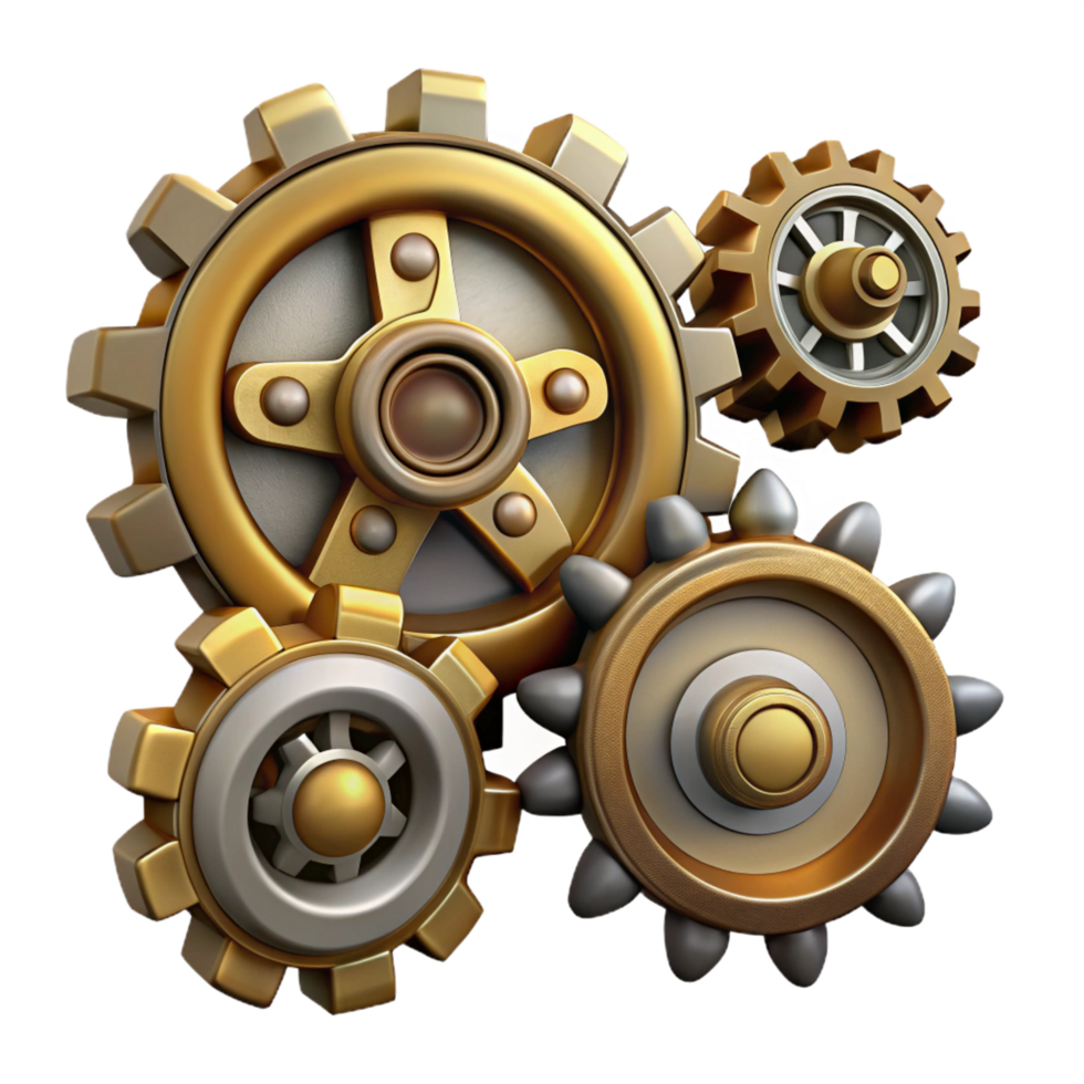 intense radiant Steampunk gear set with various sizes and intricate tooth patterns. NO BACKGROUND with Transparent Background. exclusive png