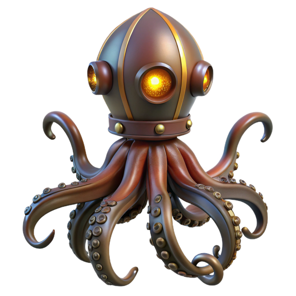 sought-after impressionist Steampunk octopus automaton with articulated tentacles and glowing glass eyes. NO BACKGROUND with Transparent Background. gallery standard png