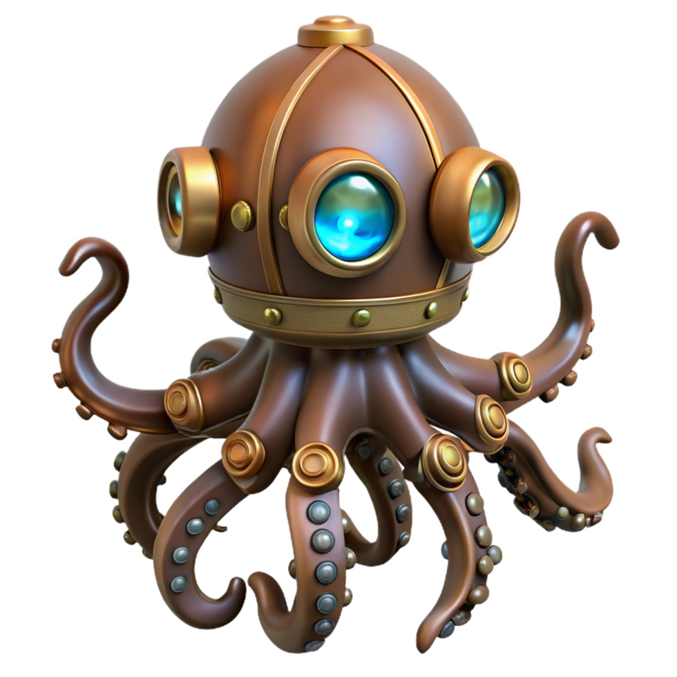 serene coastal Steampunk octopus automaton with articulated tentacles and glowing glass eyes. NO BACKGROUND with Transparent Background. premium png