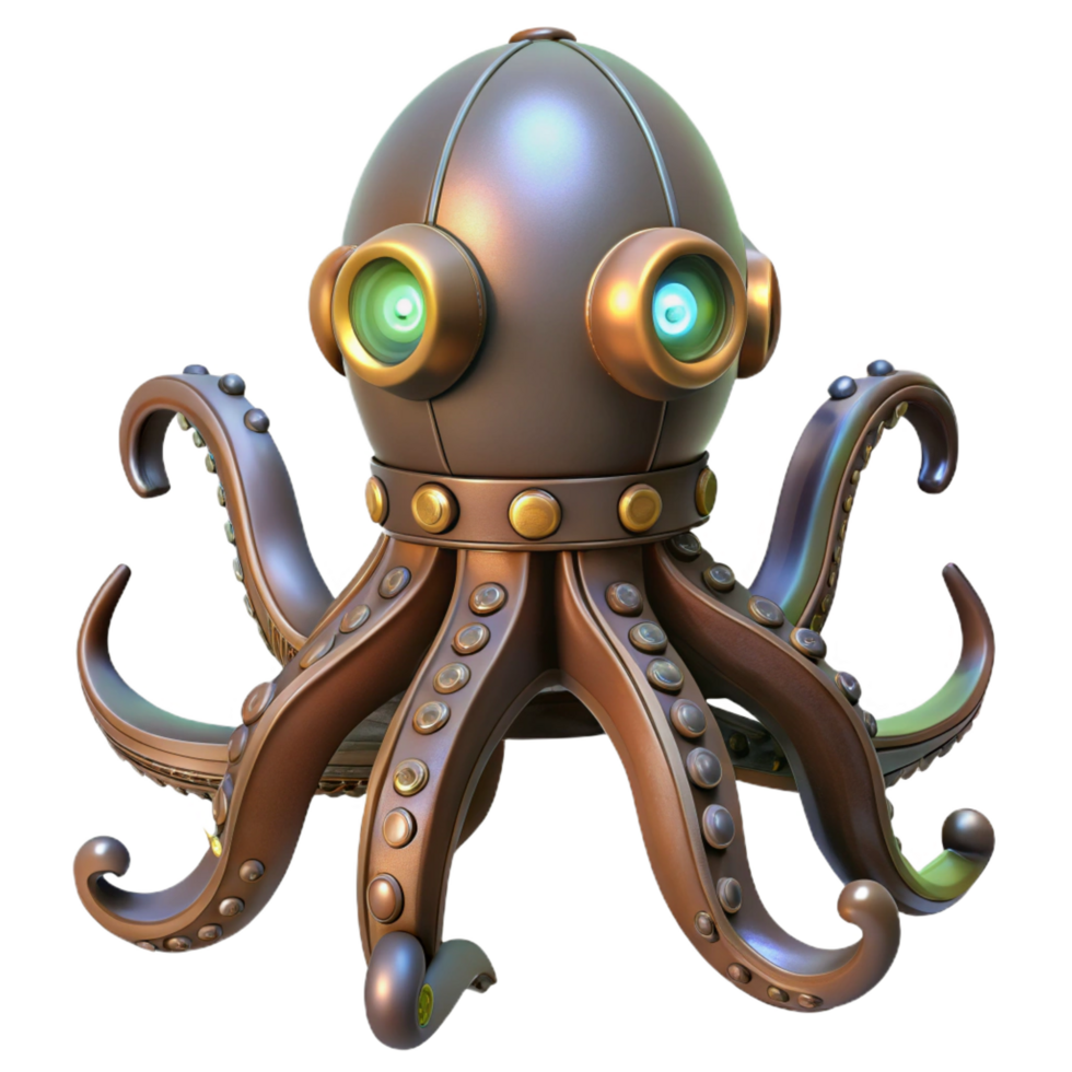 nostalgic stunning Steampunk octopus automaton with articulated tentacles and glowing glass eyes. NO BACKGROUND with Transparent Background. detailed png