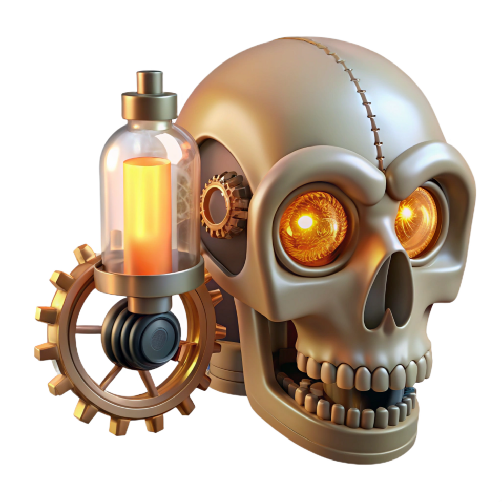 hypnotic dynamic renaissance Steampunk skull with exposed gears and glowing vacuum tubes. NO BACKGROUND with Transparent Background. refined png