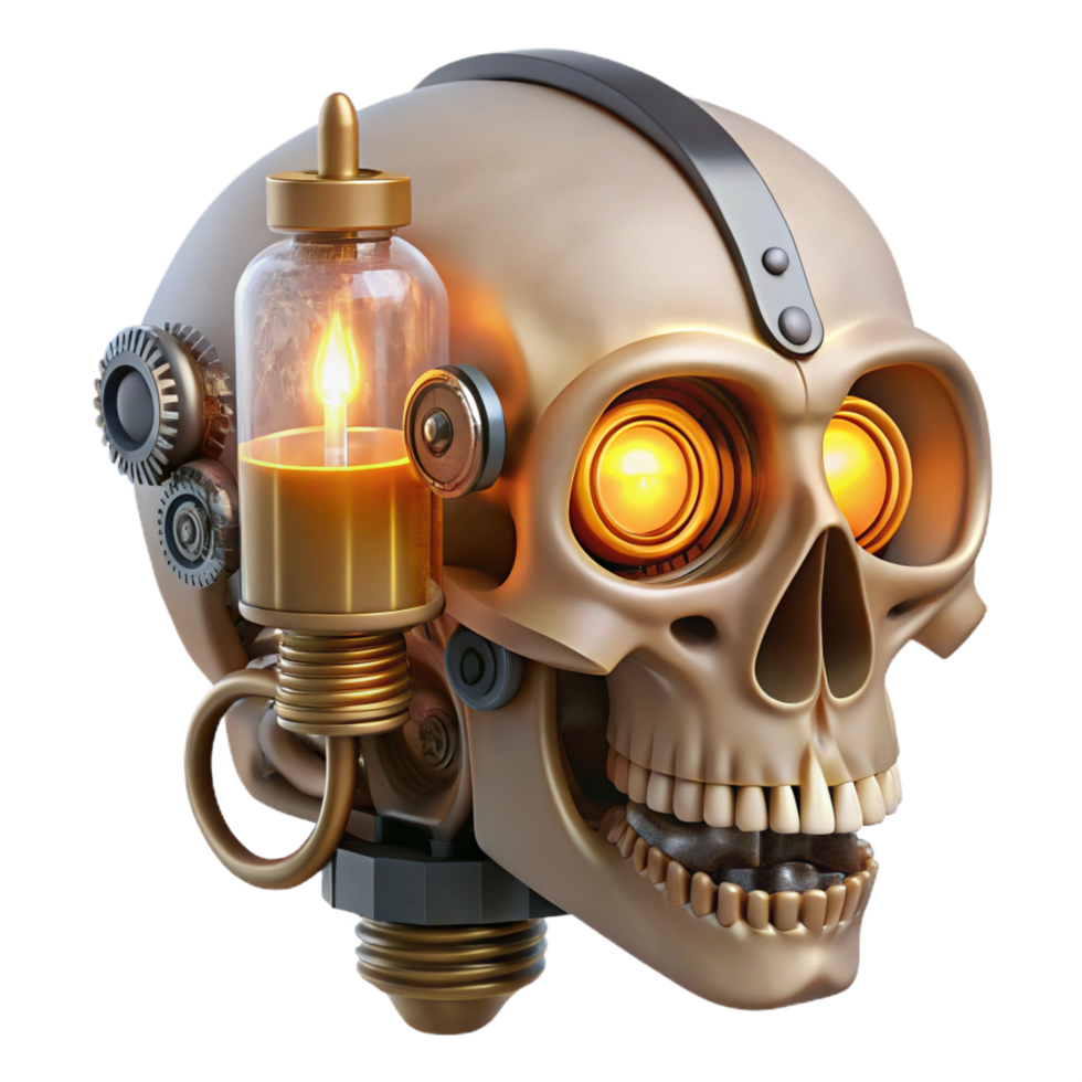 intense sumptuous Steampunk skull with exposed gears and glowing vacuum tubes. NO BACKGROUND with Transparent Background. artisan png
