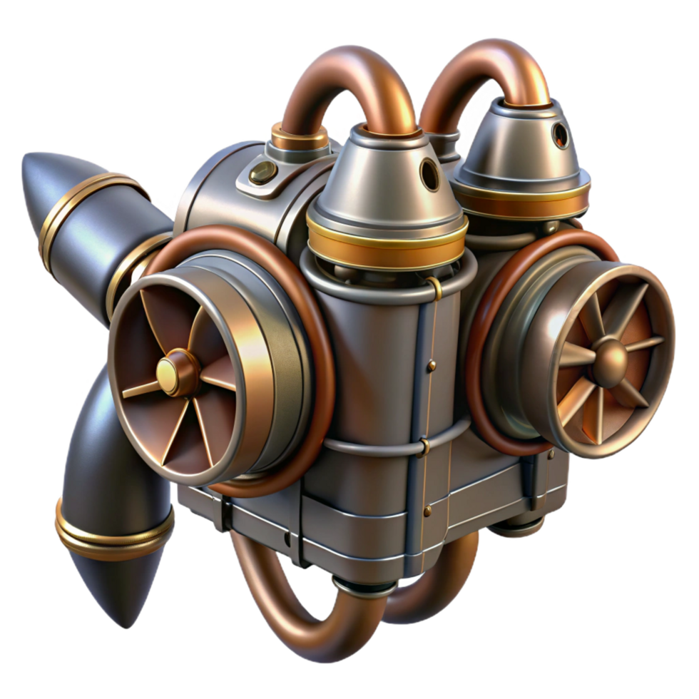 sumptuous geometric Steampunk jetpack with miniature turbines and copper piping. NO BACKGROUND with Transparent Background. original png