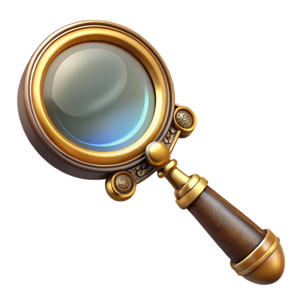 unforgettable geometric Steampunk magnifying glass with an ornate brass handle and a magnifying lens. NO BACKGROUND with Transparent Background. high quality png