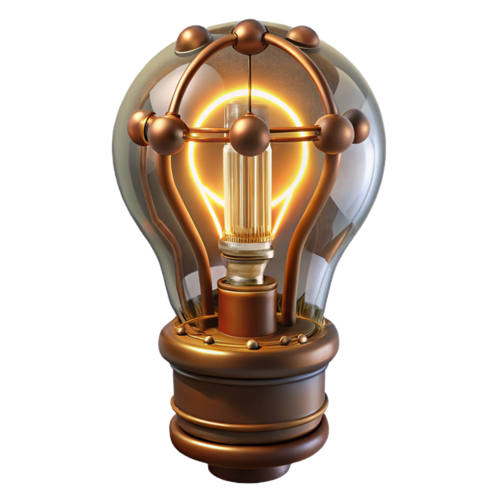 vibrant celebrated Steampunk lightbulb with exposed filaments and intricate wiring. NO BACKGROUND with Transparent Background. png