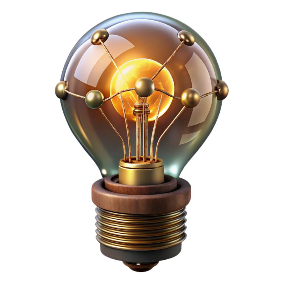 vibrant memorable Steampunk lightbulb with exposed filaments and intricate wiring. NO BACKGROUND with Transparent Background. png