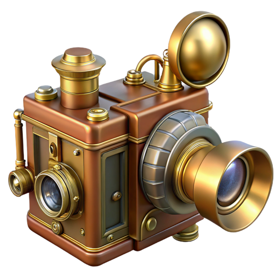 quintessential retro Steampunk camera with brass lenses and bellows. NO BACKGROUND with Transparent Background. high quality png