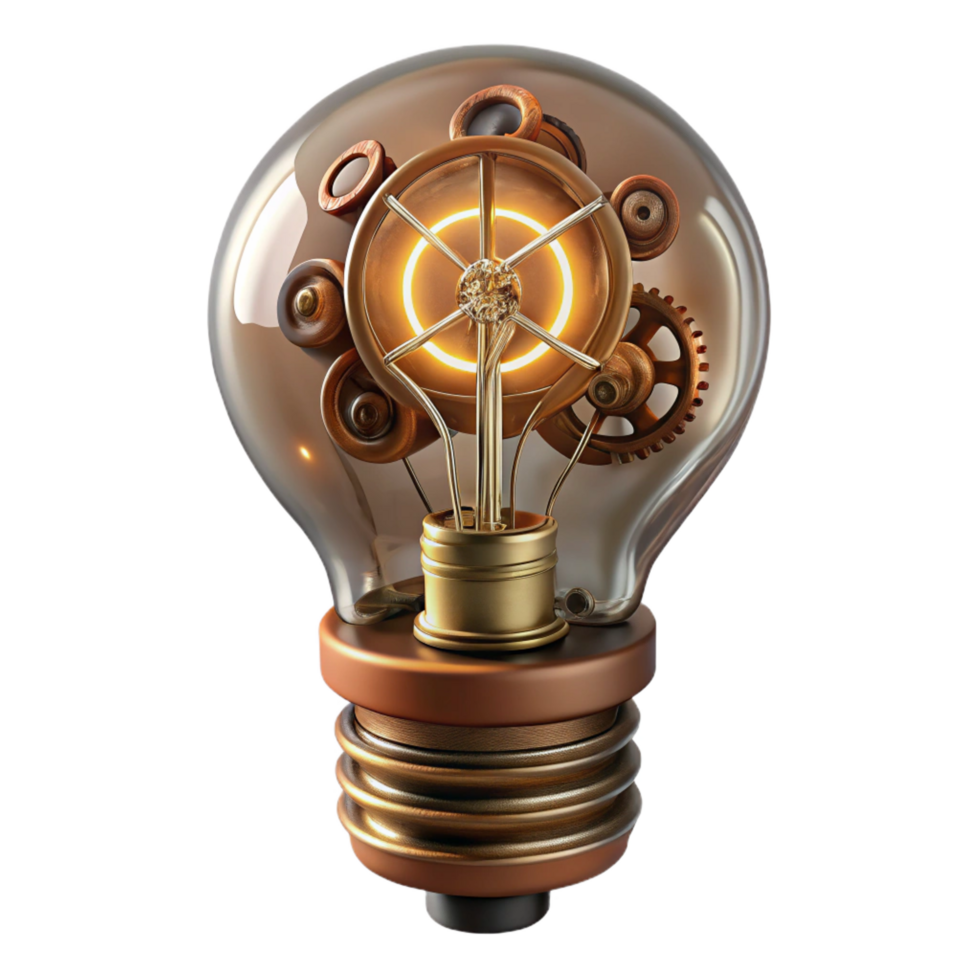 rare geometric Steampunk lightbulb with exposed filaments and intricate wiring. NO BACKGROUND with Transparent Background. sharp png