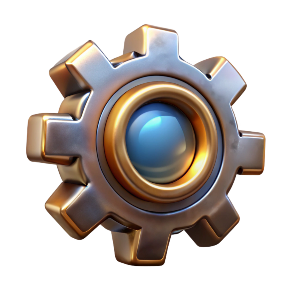 joyful gorgeous Steampunk gear icon with intricate tooth patterns and a metallic sheen. NO BACKGROUND with Transparent Background. flawless png