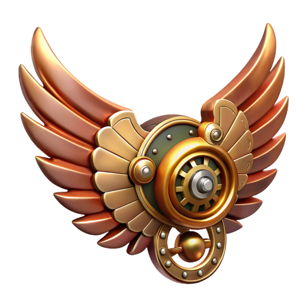 passionate impressive Steampunk wing icon with intricate clockwork mechanisms and feathered details. NO BACKGROUND with Transparent Background. studio quality png